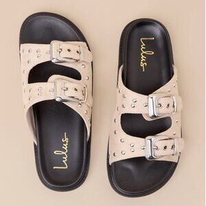 Bone Suede Studded Buckle Slide "Birkenstock Style" Sandals 10